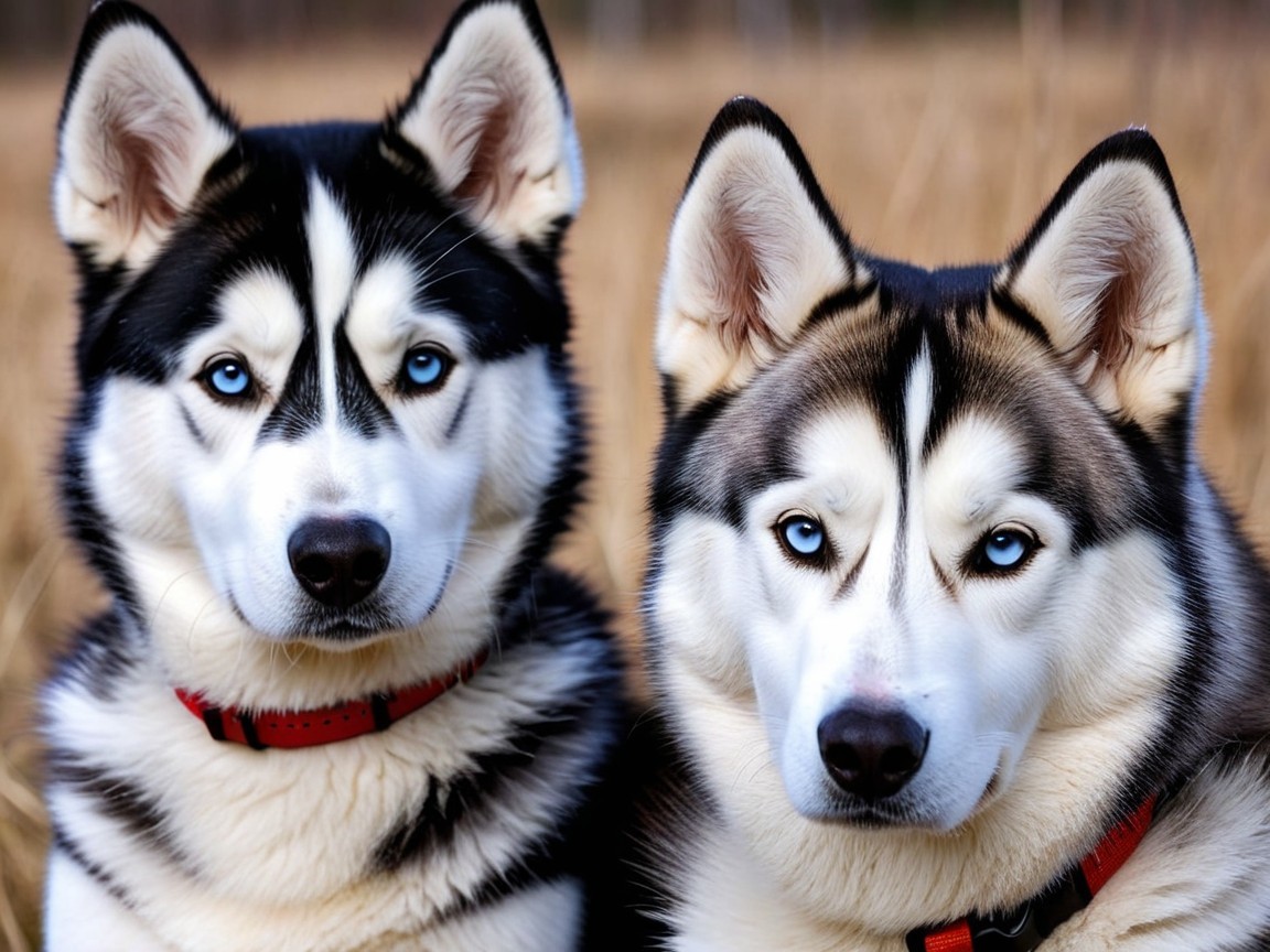 Siberian Huskies with Blue Eyes and Thick Fur Coats