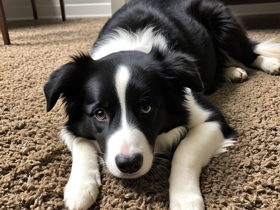 Black and white Border Collie puppy on tan carpet