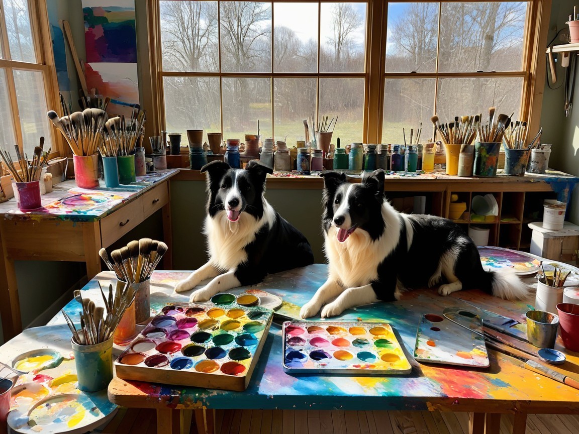Black and White Dogs in a Colorful Art Studio