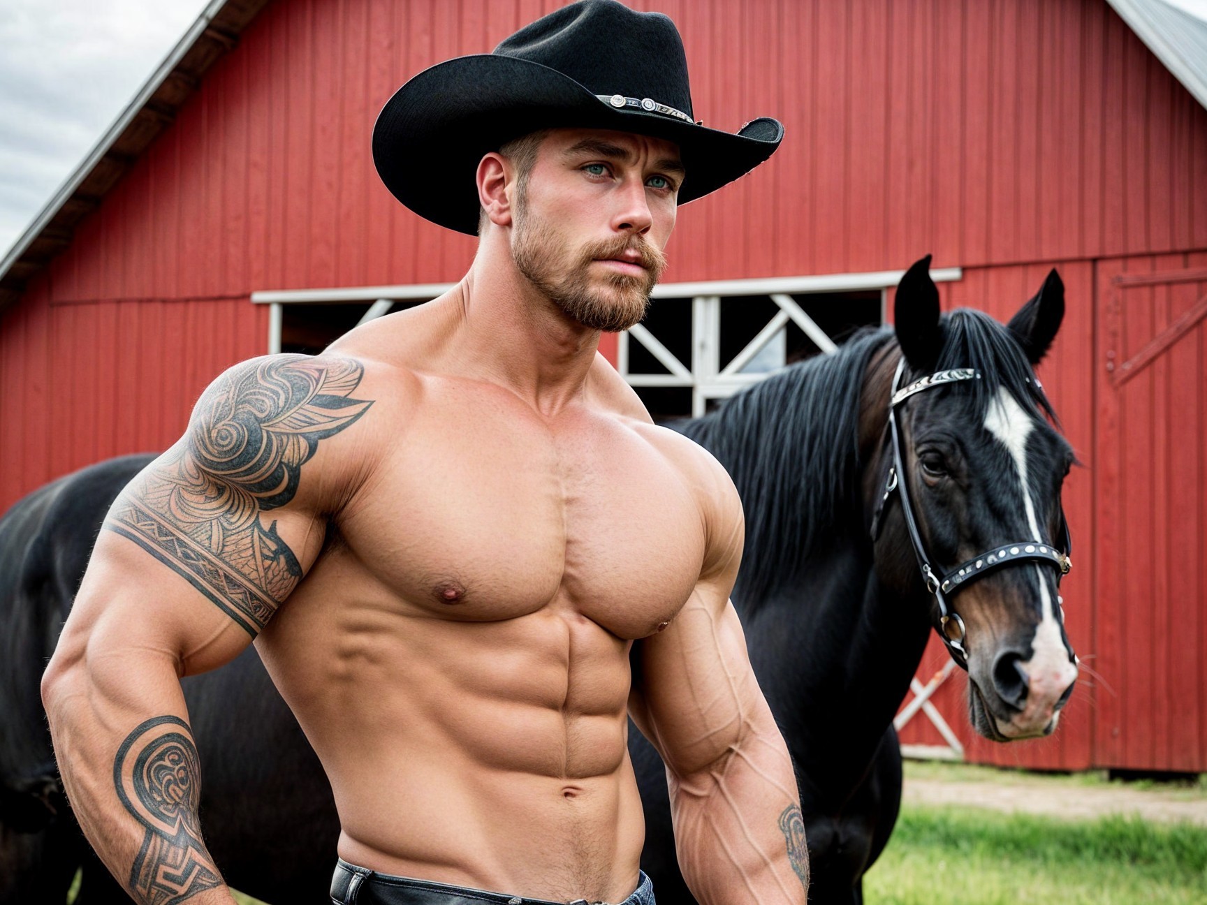 Muscular Man with Horse in Rustic Barn Setting