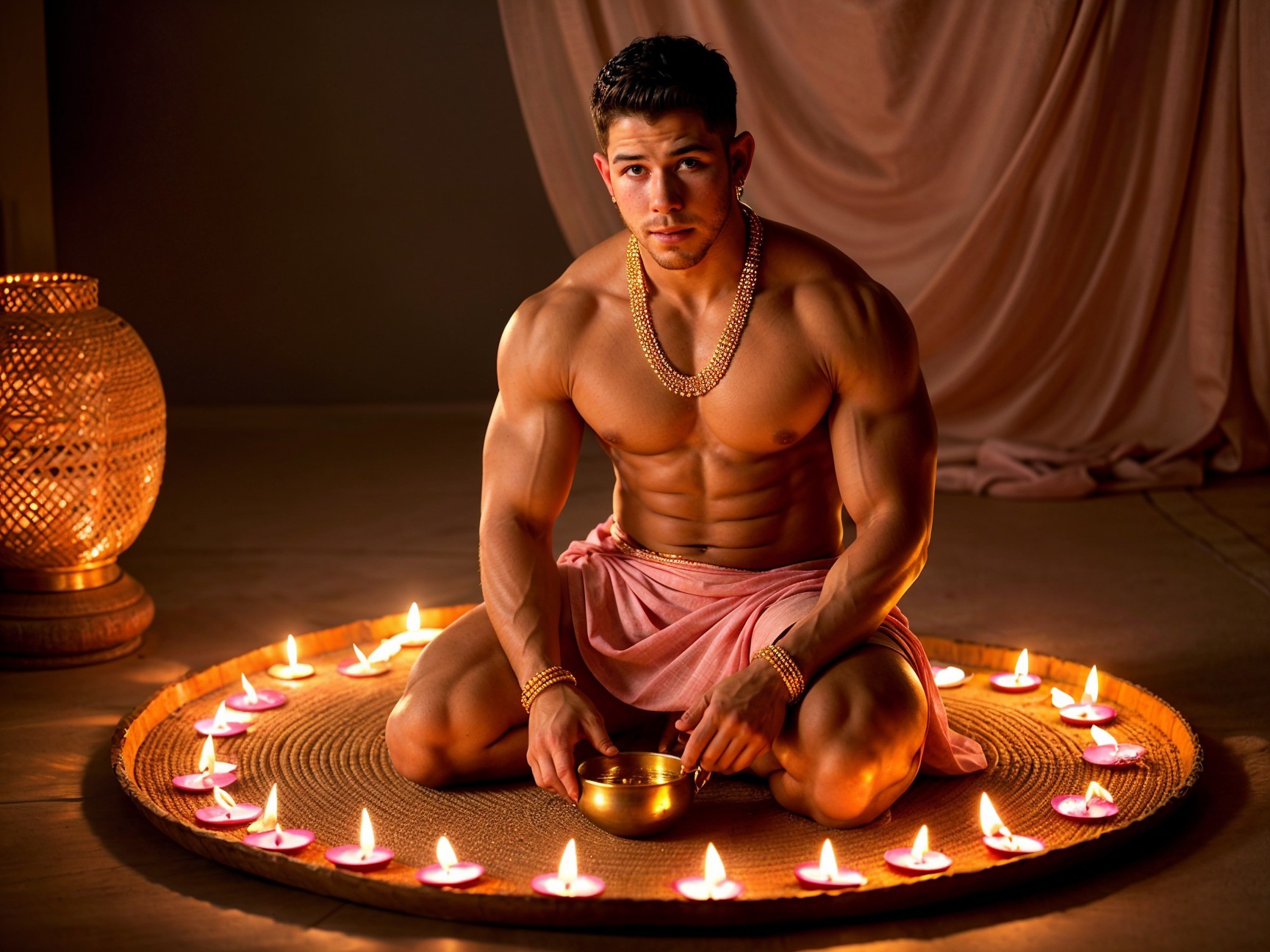 Muscular Man in Serene Setting with Candles and Drapery