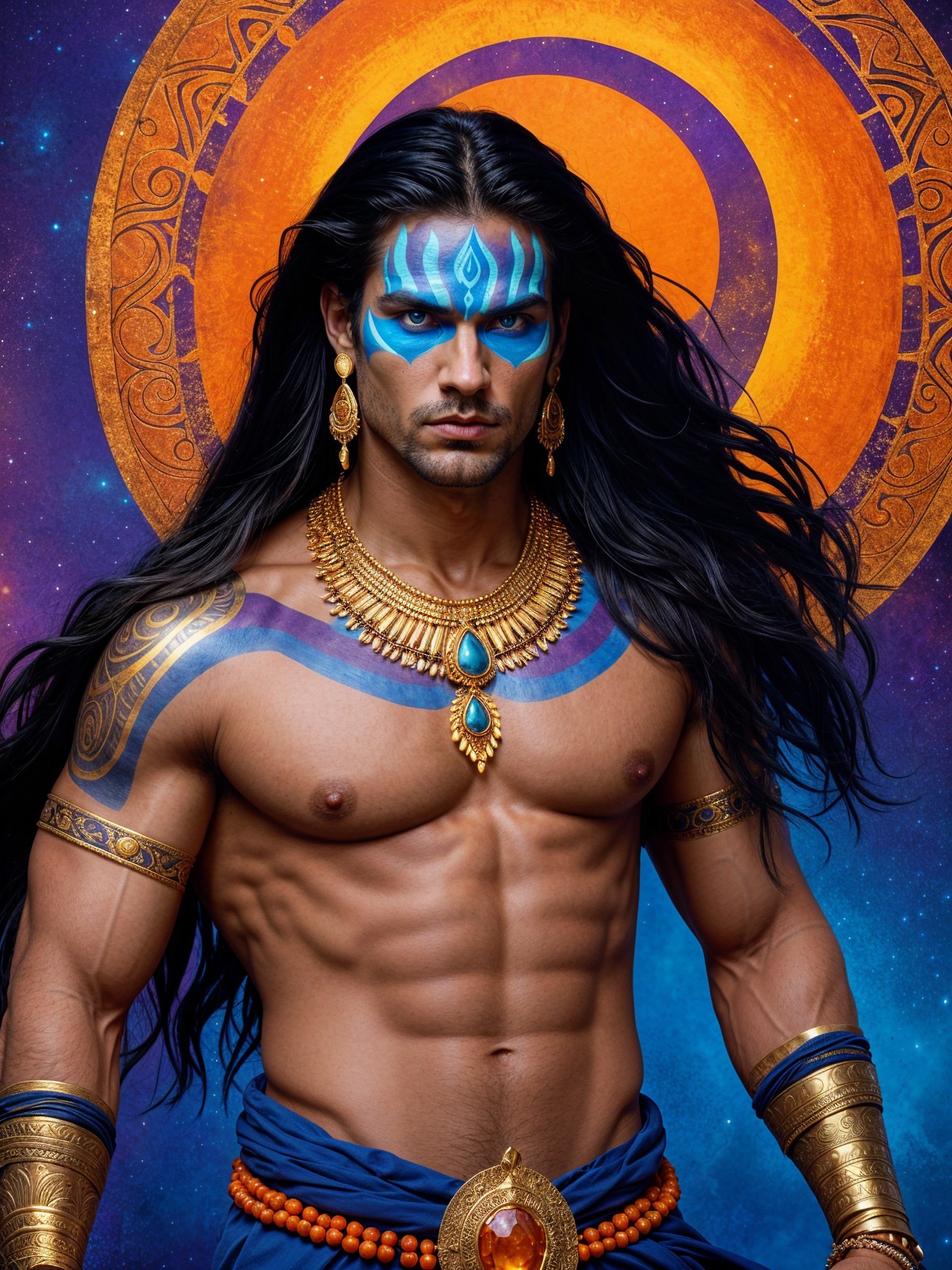 Figure with Jewelry and Tribal Body Paint in Vivid Colors