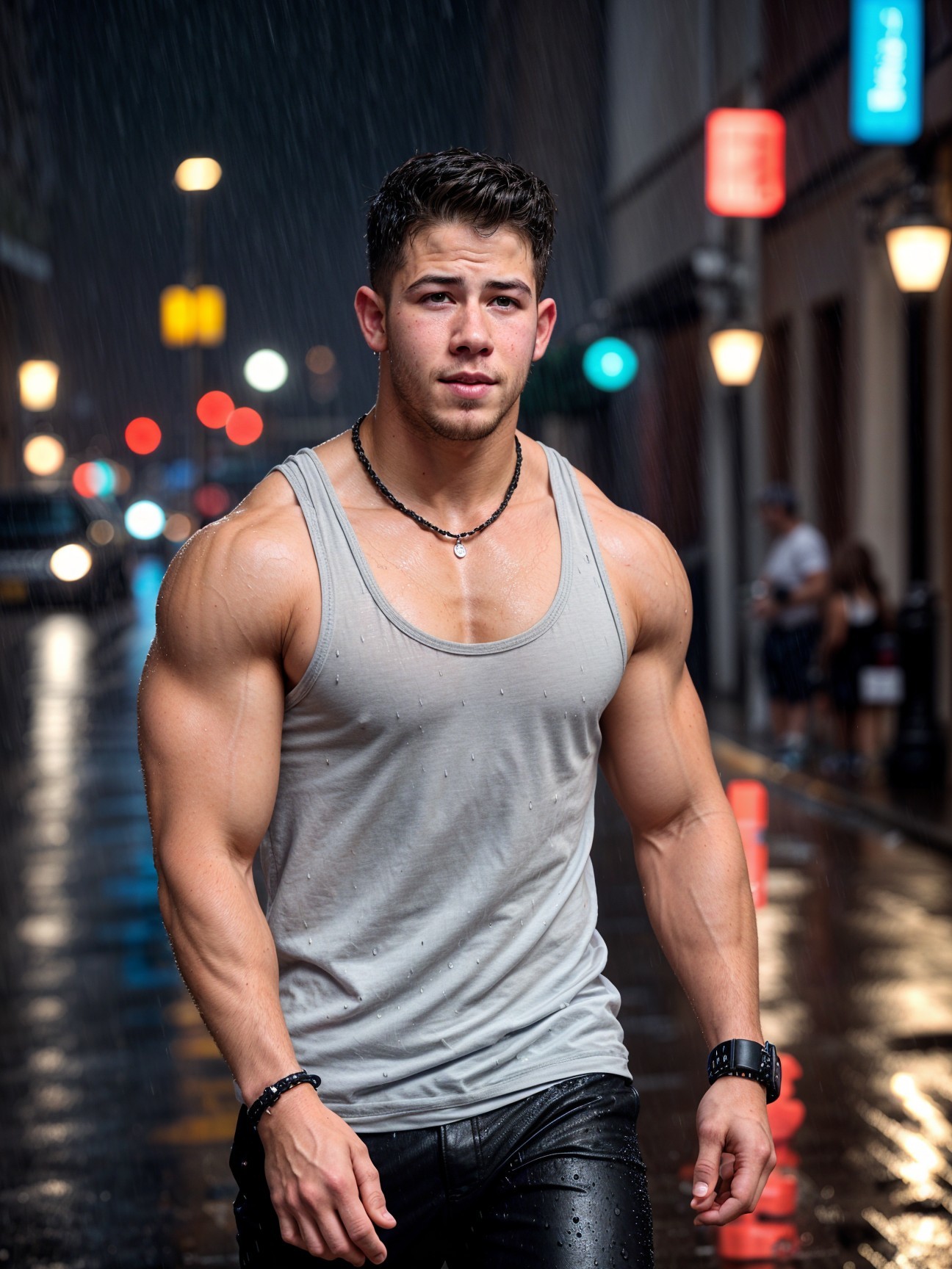 Muscular Young Man in Rainy Urban Street Scene