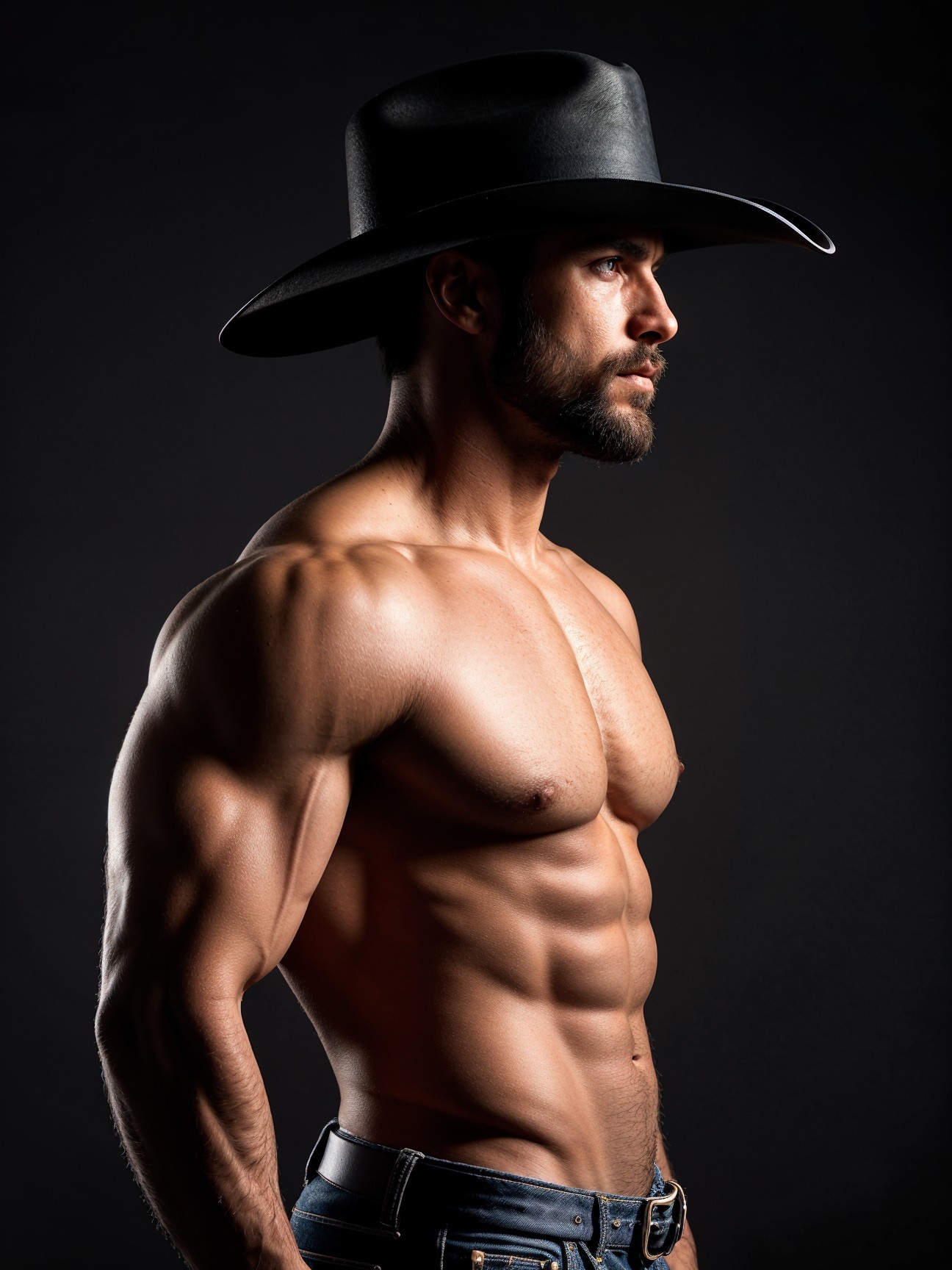 Profile of a Muscular Man in Cowboy Hat and Shadows