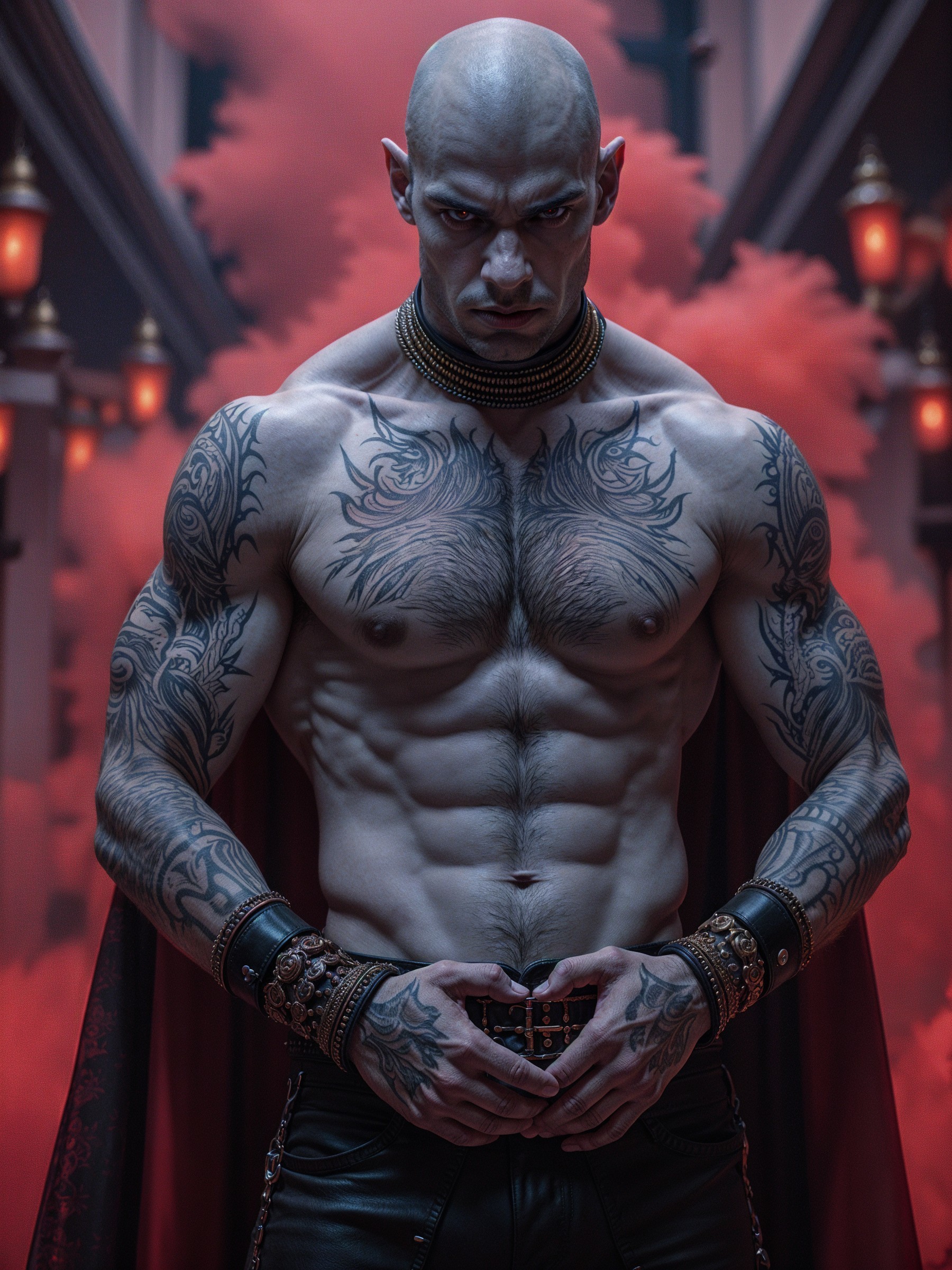 Muscular Man in Dark Corridor with Red Smoke and Tattoos