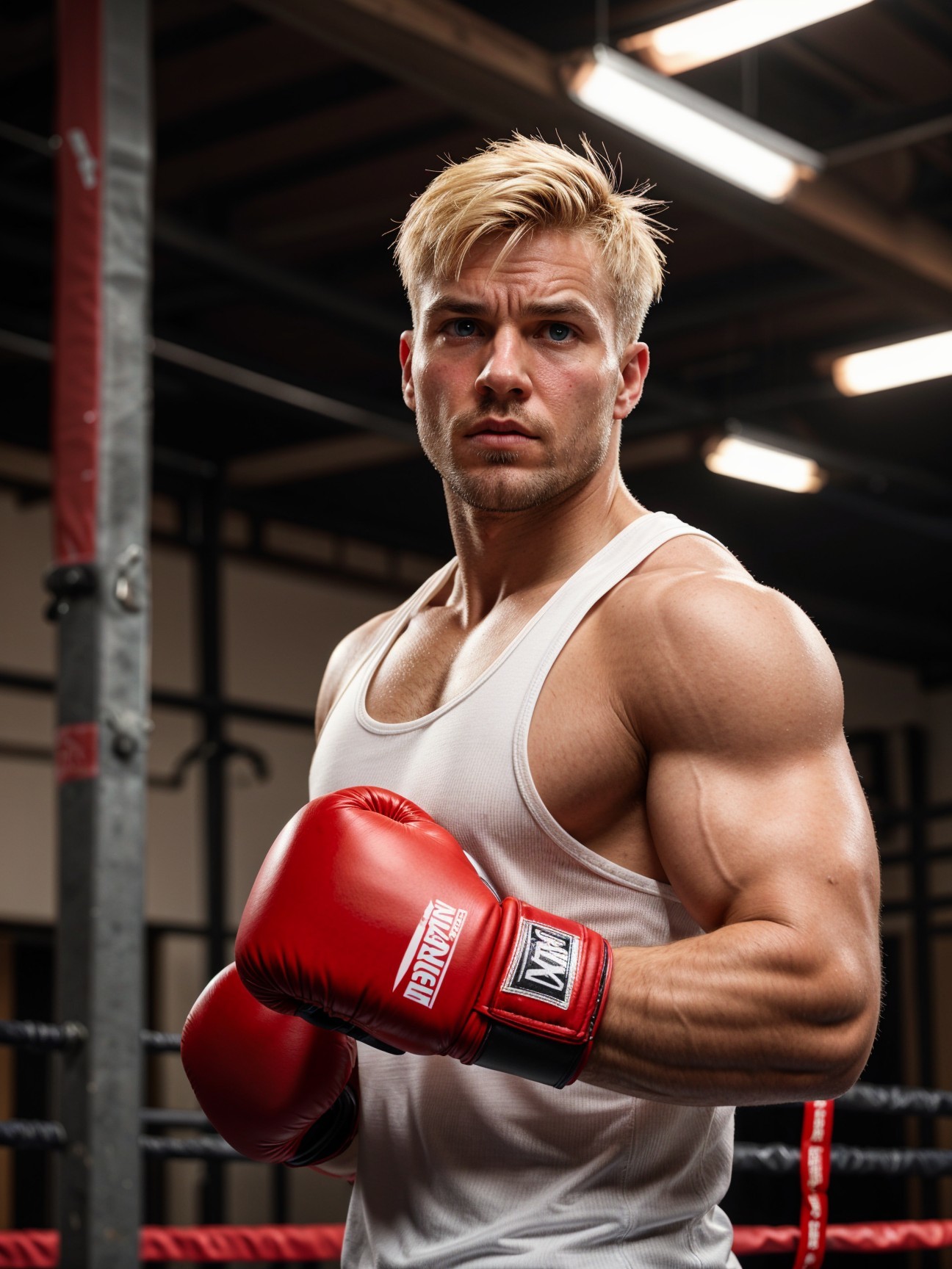 Muscular Boxer in Training Ring with Boxing Gear