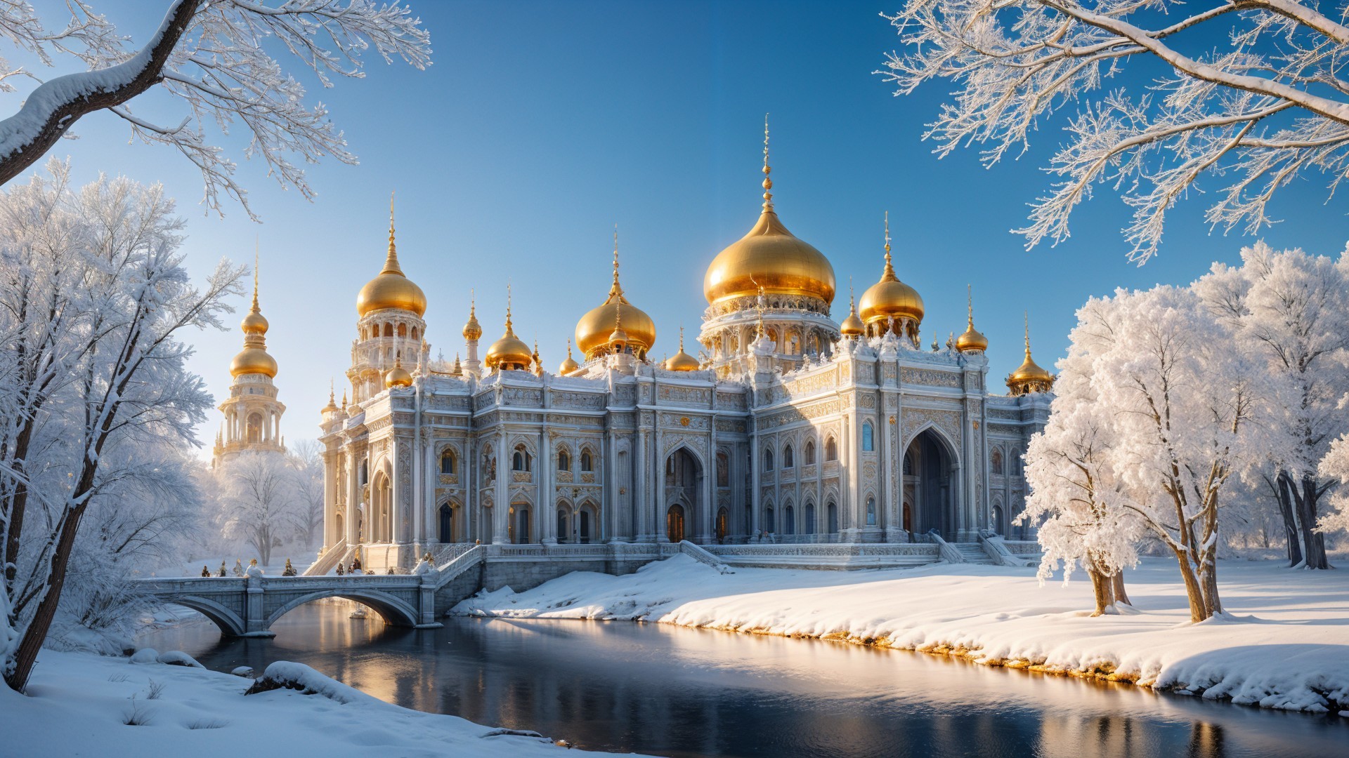 Majestic palace in a winter wonderland setting