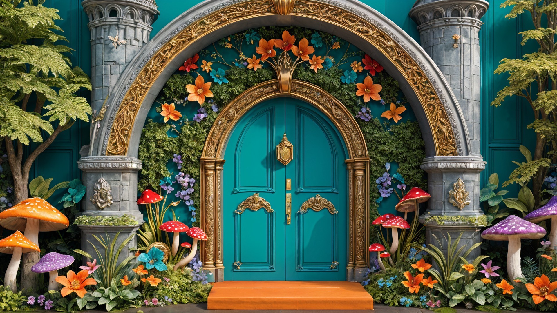 Vibrant Doorway with Stone Arches and Colorful Flora