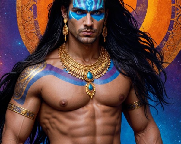 Figure with Jewelry and Tribal Body Paint in Vivid Colors