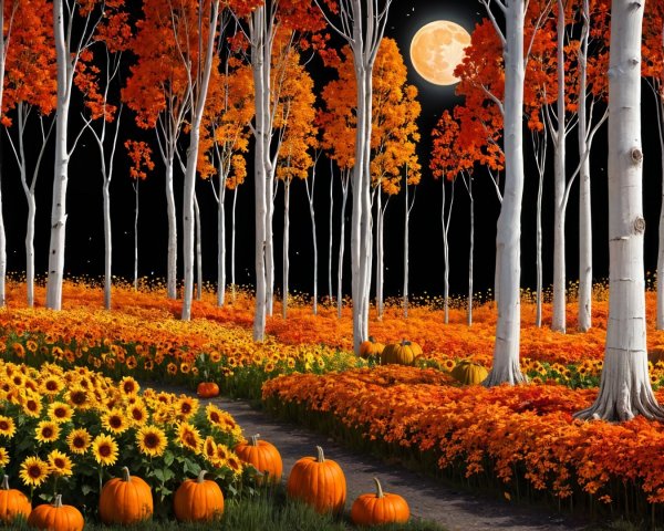 Autumn Landscape with Birch Trees and Moonlit Path