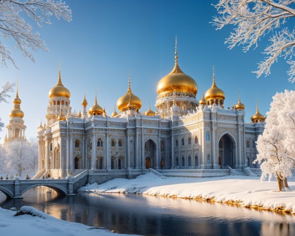 Majestic palace in a winter wonderland setting