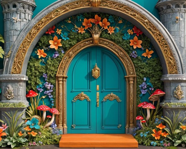 Vibrant Doorway with Stone Arches and Colorful Flora