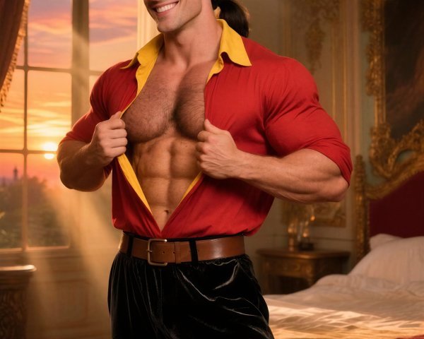 Muscular Man in Bedroom with City Sunrise View