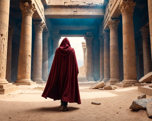 Mysterious Figure in Ancient Temple with Carved Pillars