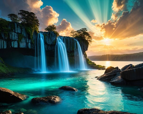 Majestic waterfall in tranquil turquoise pool at sunrise