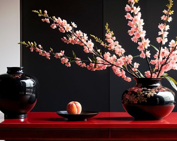 Minimalist Scene with Red Table and Black Vases