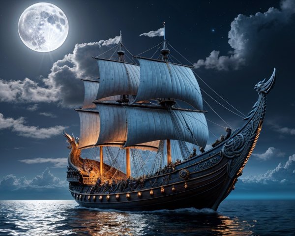 Viking Ship Sailing Under Full Moonlight at Night