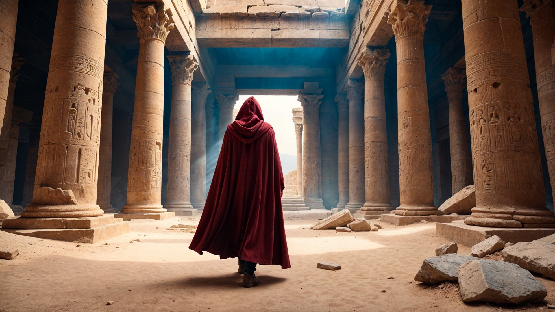 Mysterious Figure in Ancient Temple with Carved Pillars