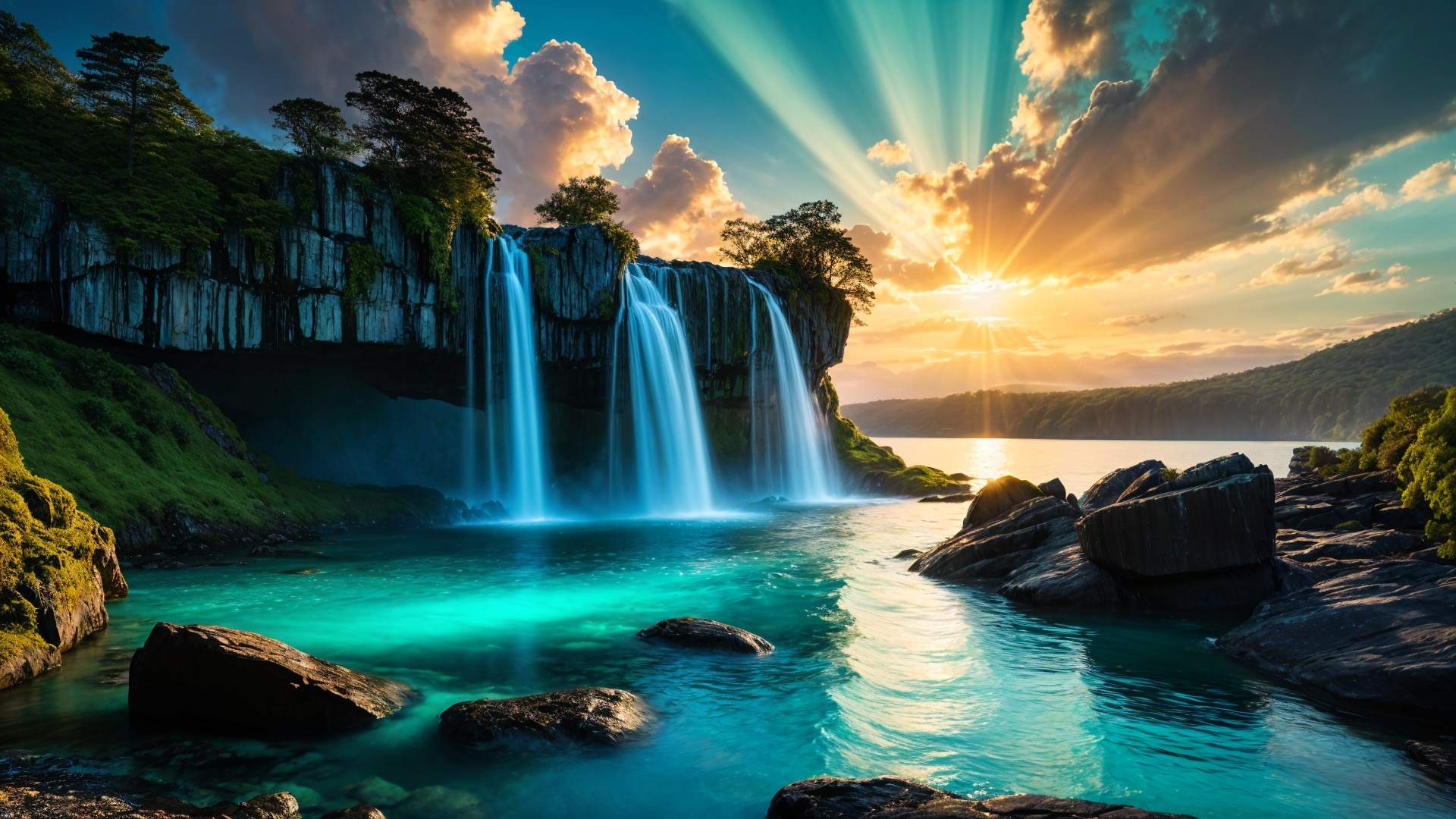 Majestic waterfall in tranquil turquoise pool at sunrise