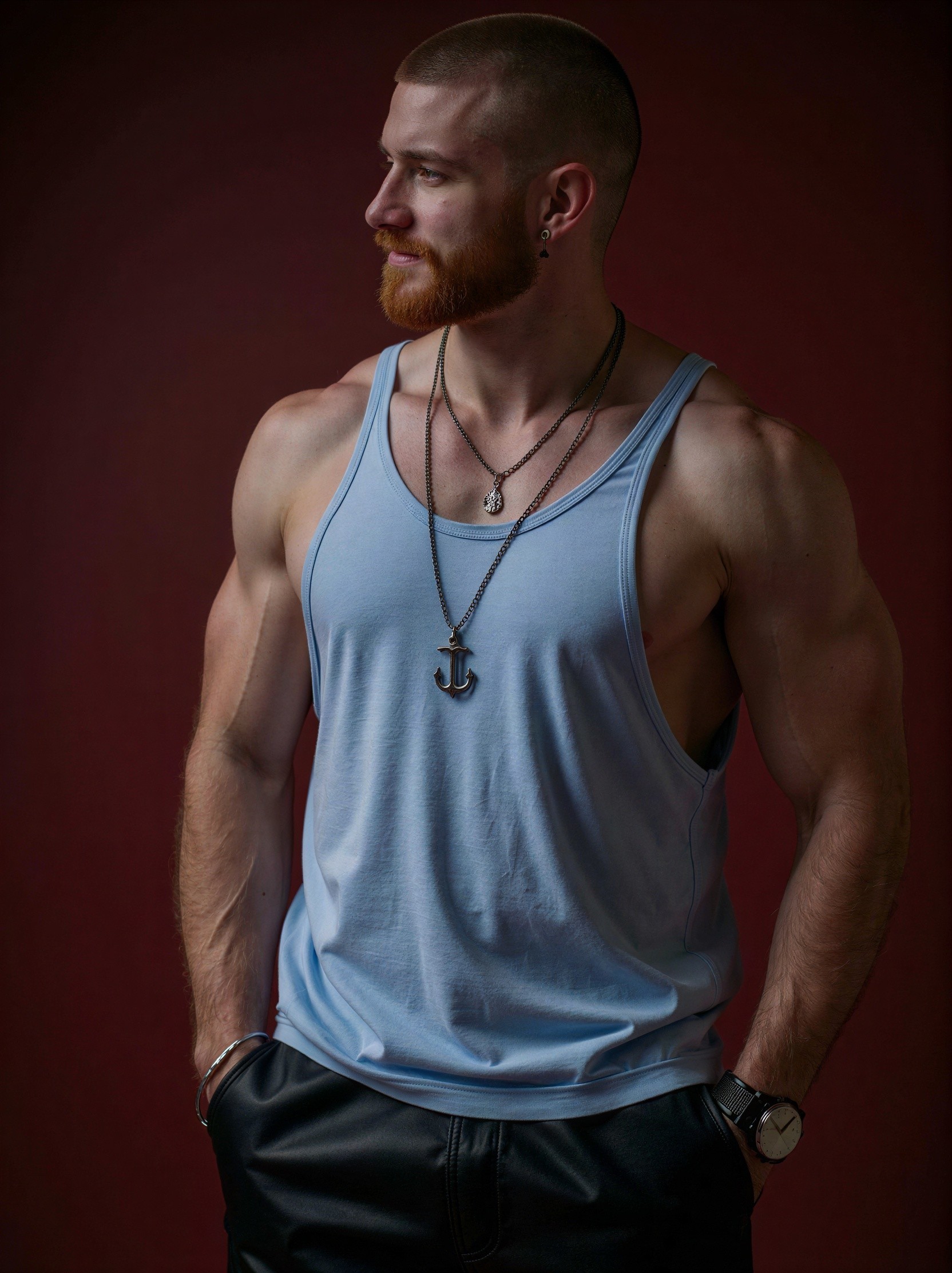 Rugged Man with Buzzed Hair and Sleeveless Tank Top