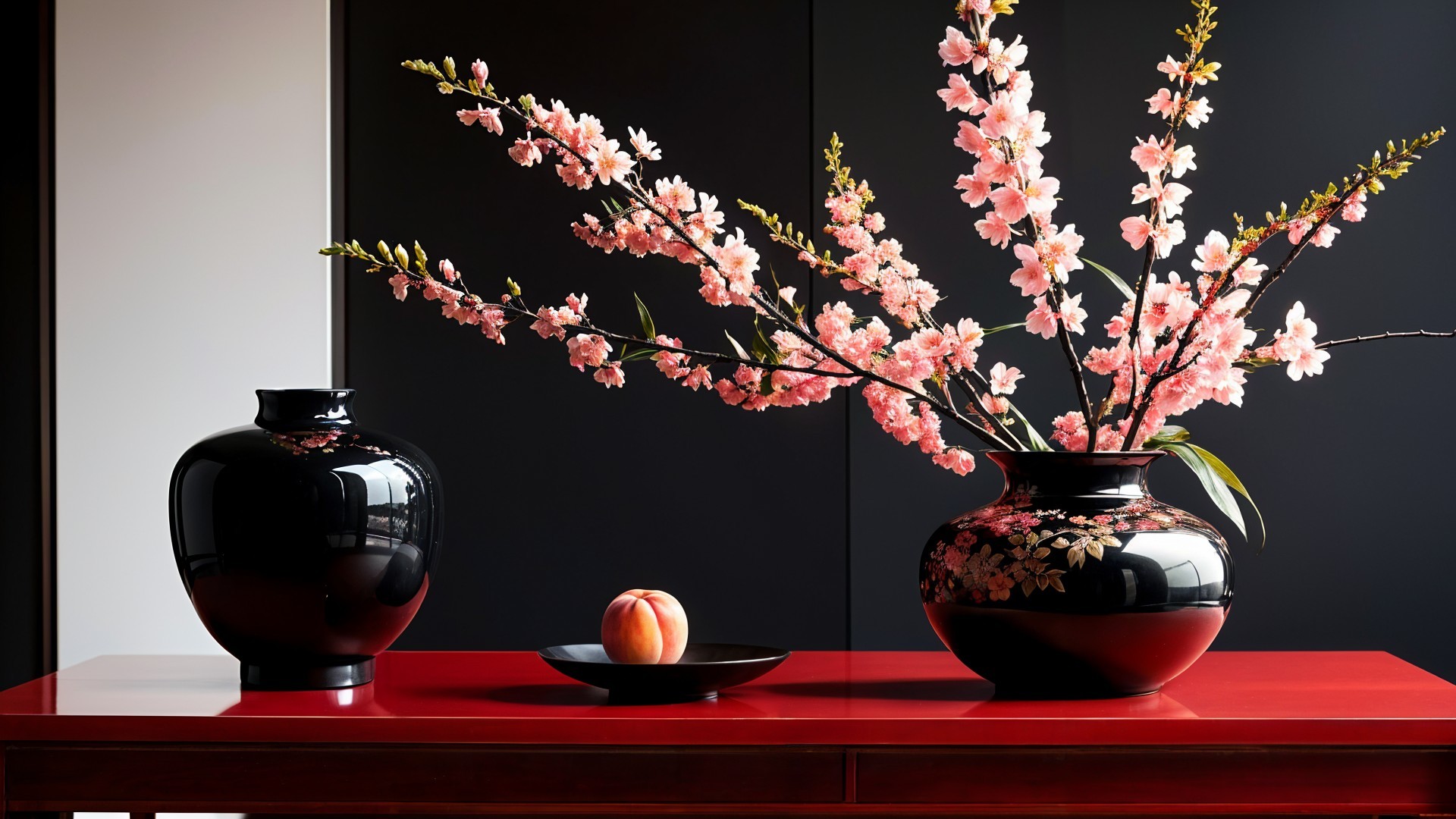Minimalist Scene with Red Table and Black Vases