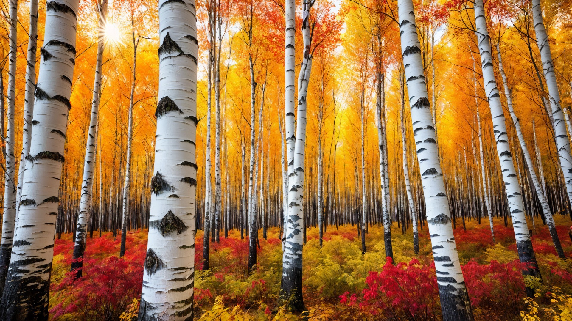 Serene Autumn Forest with Birch Trees and Foliage