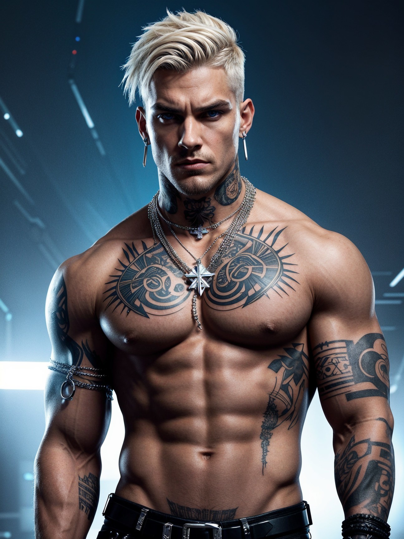 Muscular Man with Tattoos and Platinum Blonde Hair