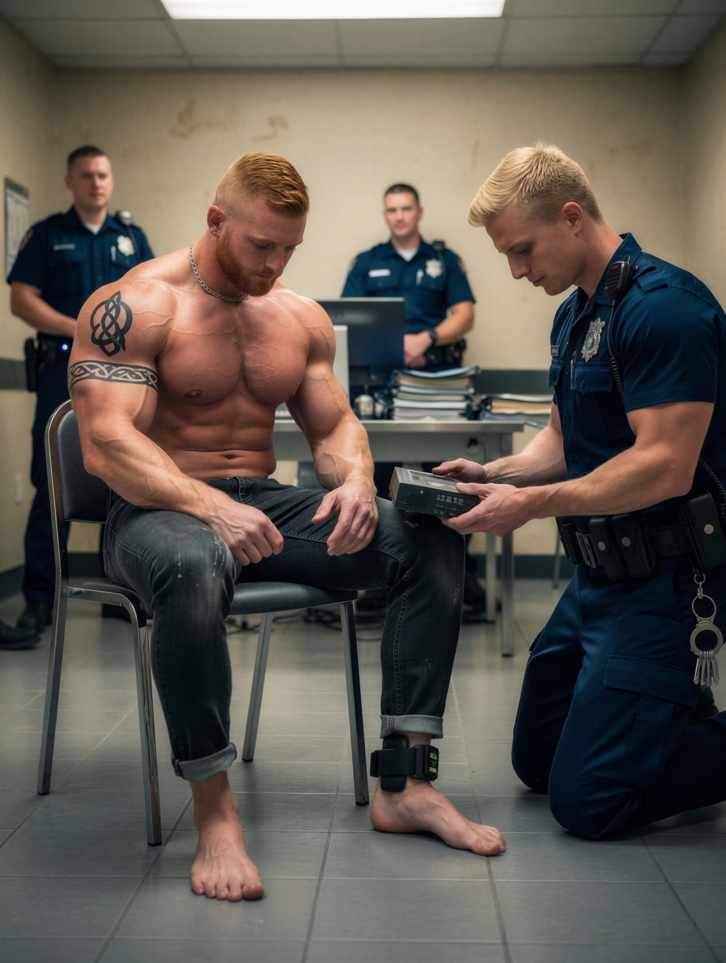 Muscled Man in Interrogation Room with Police Officers