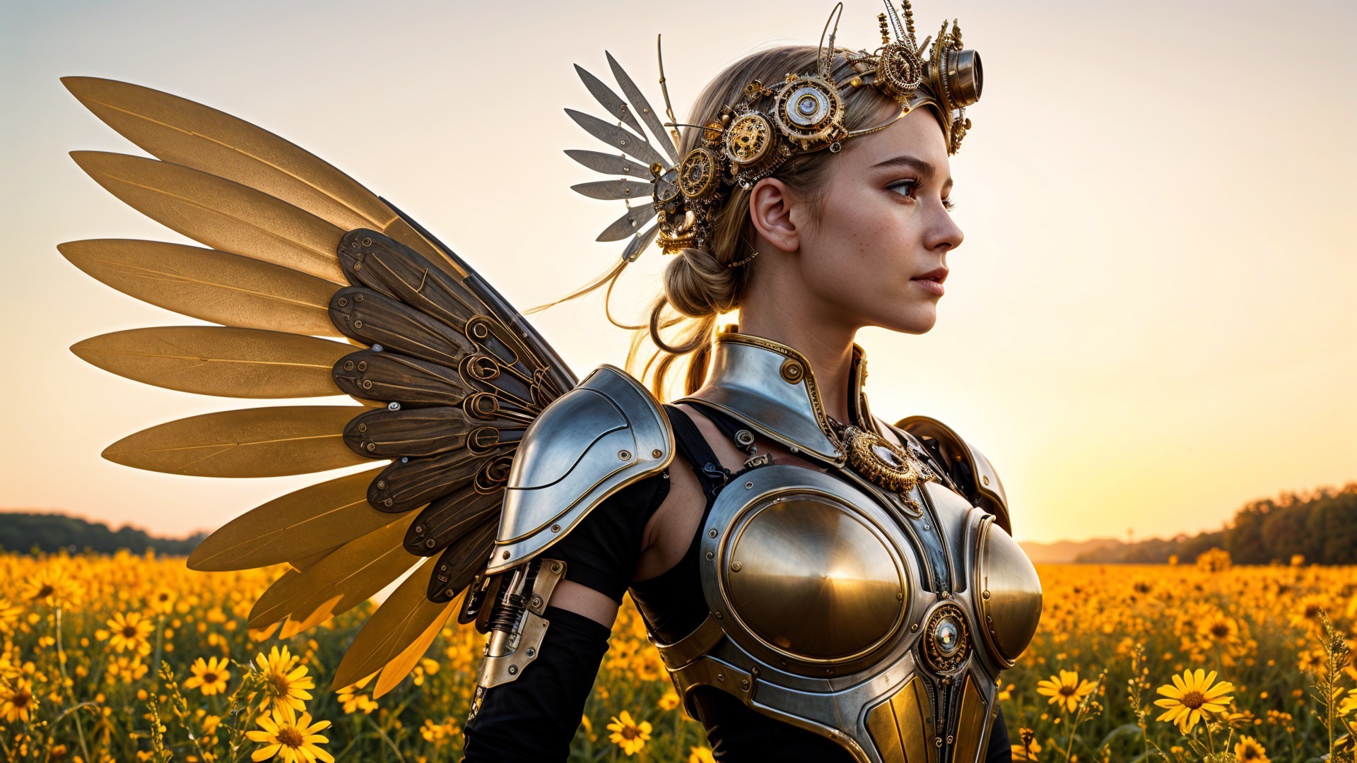 Young Woman in Steampunk Outfit in Flower Field
