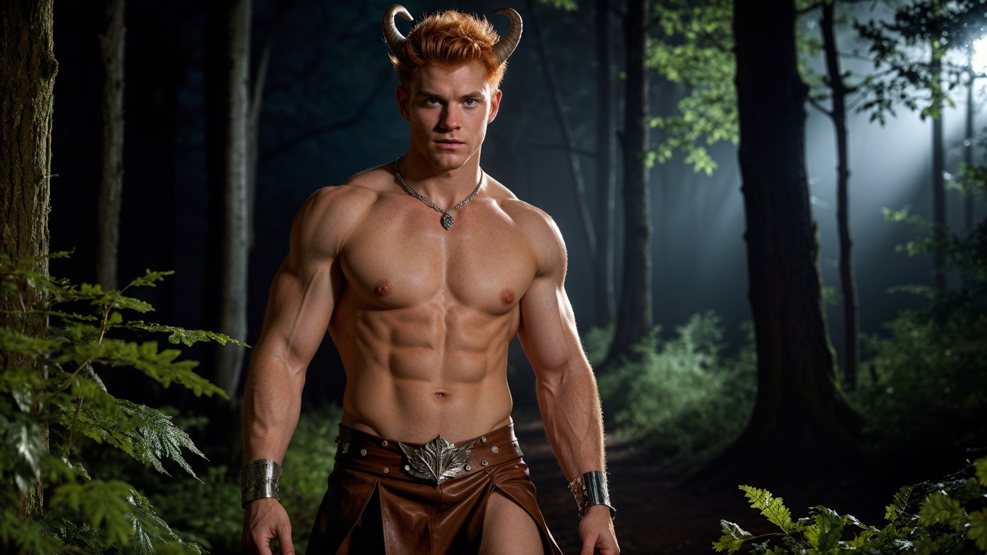 Muscular Figure in Mystical Forest with Red Hair and Horns