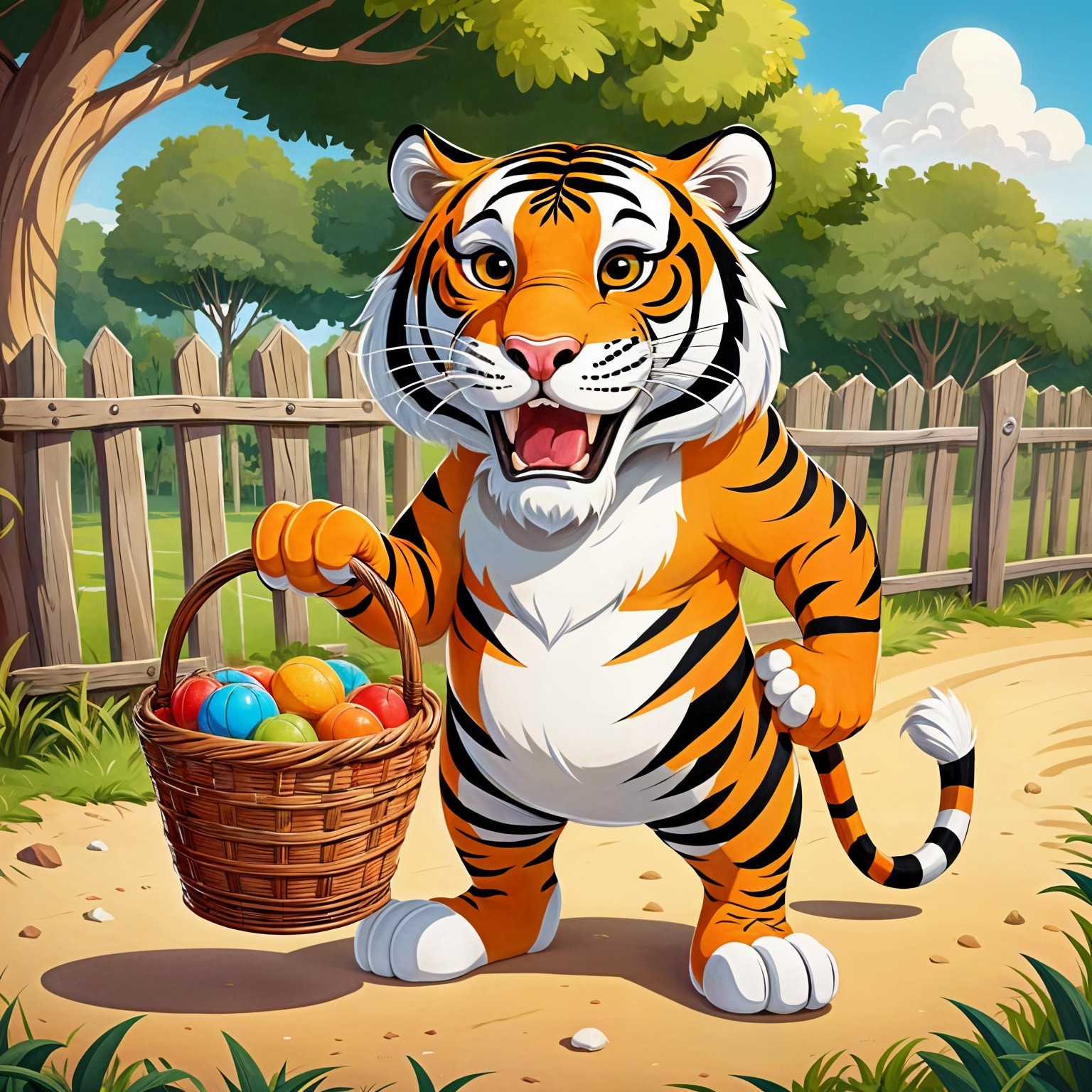 Cheerful tiger with Easter eggs on a sunny path