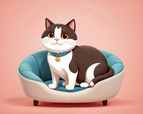 Cartoon Cat in Teal Bed with Playful Expression