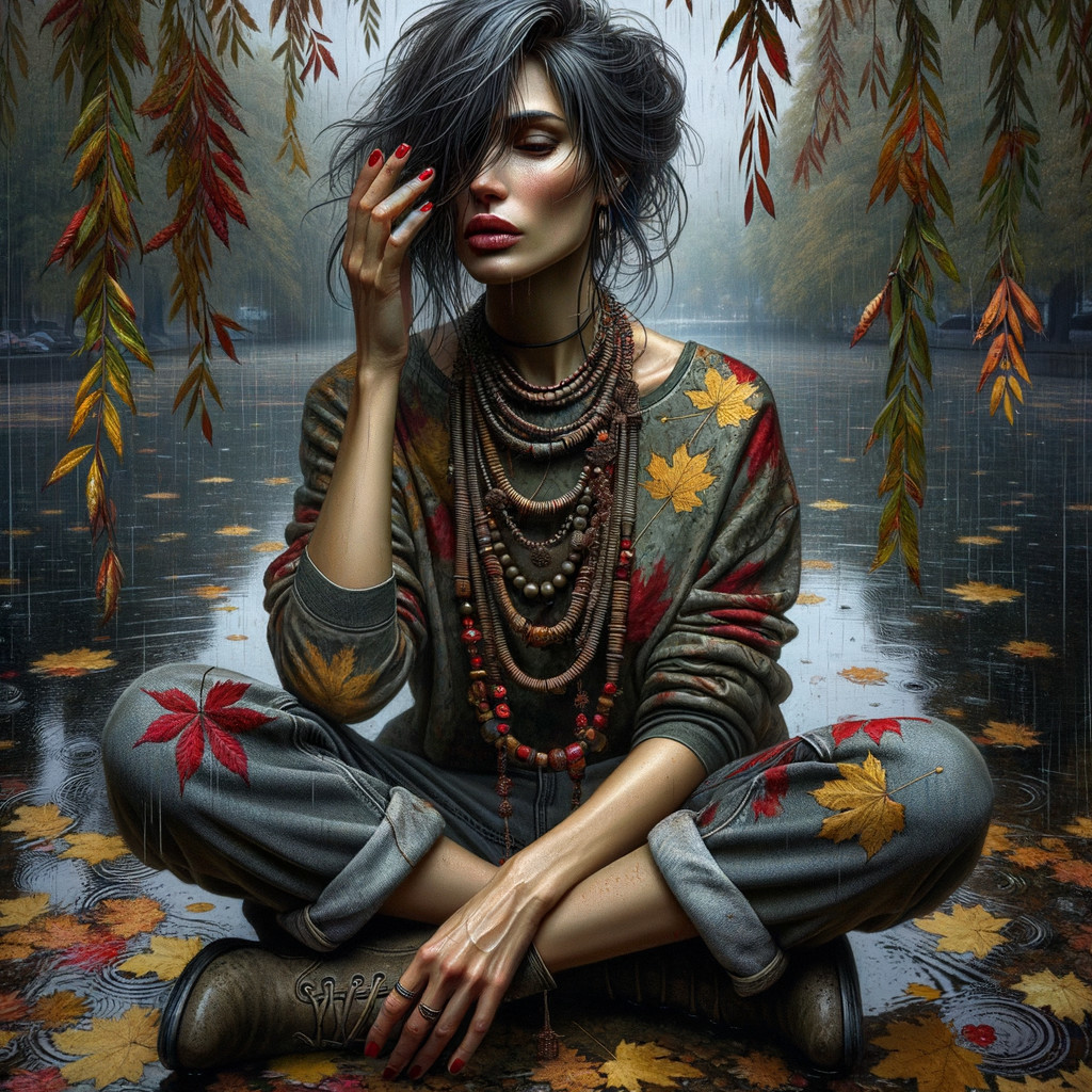 Woman by Rain-Soaked Lake Surrounded by Autumn Leaves