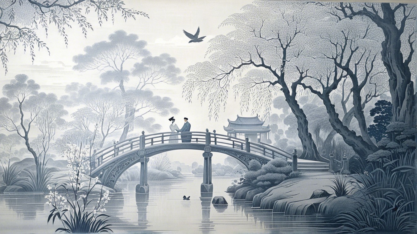 Serene landscape with couple on bridge and nature elements