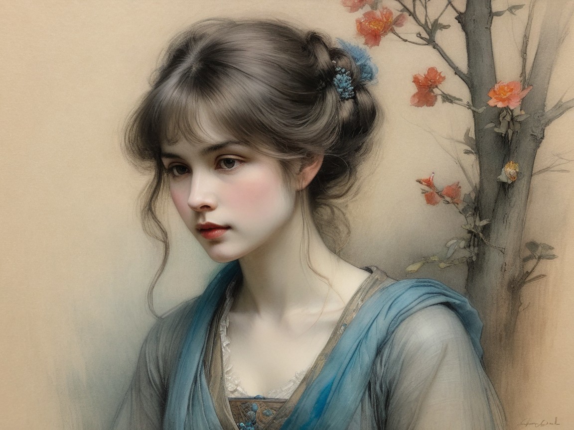 Young woman in blue attire surrounded by cherry blossoms