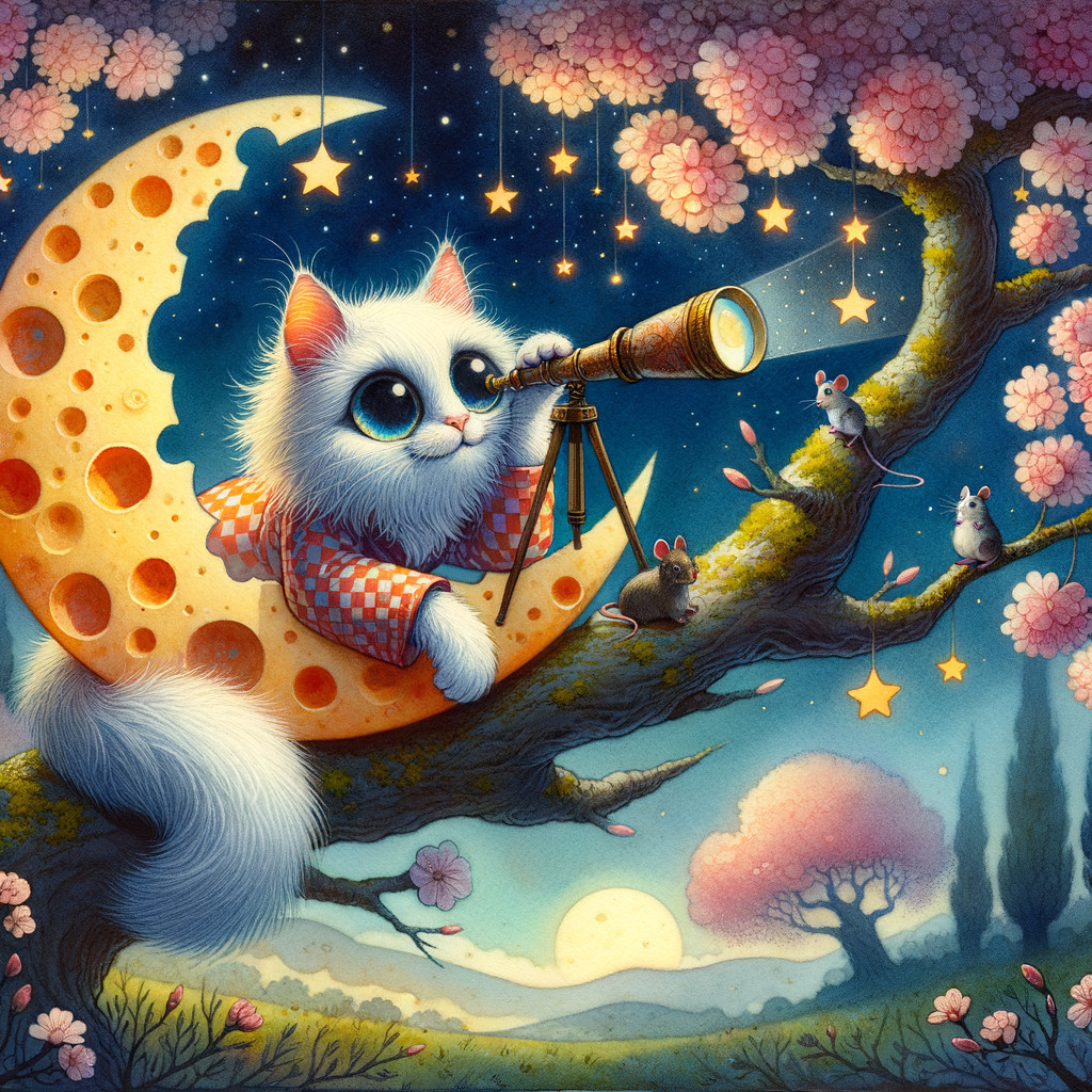 Fluffy White Cat on Crescent Moon with Cherry Blossoms