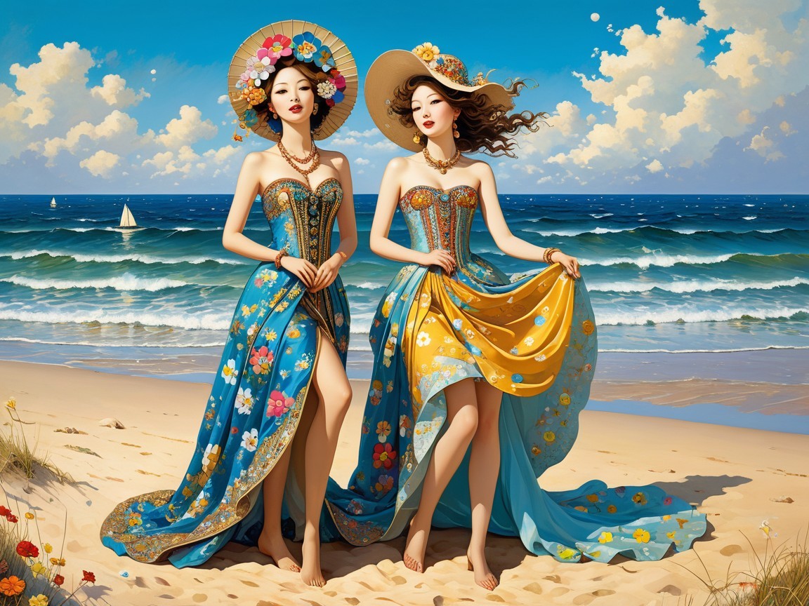 Elegant Women in Floral Gowns on a Beach Scene