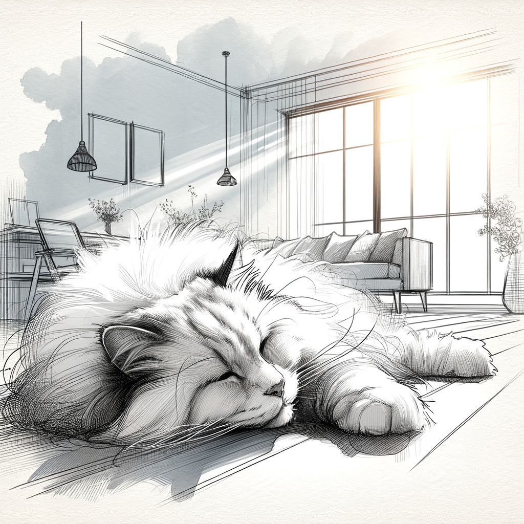 Fluffy Cat Napping in Sunlit Modern Living Room