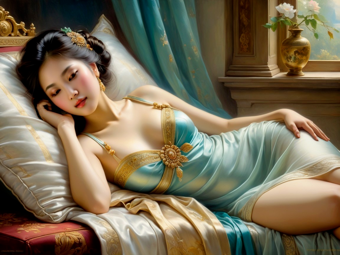 Elegant Woman in Satin Dress in Classic Decor Room
