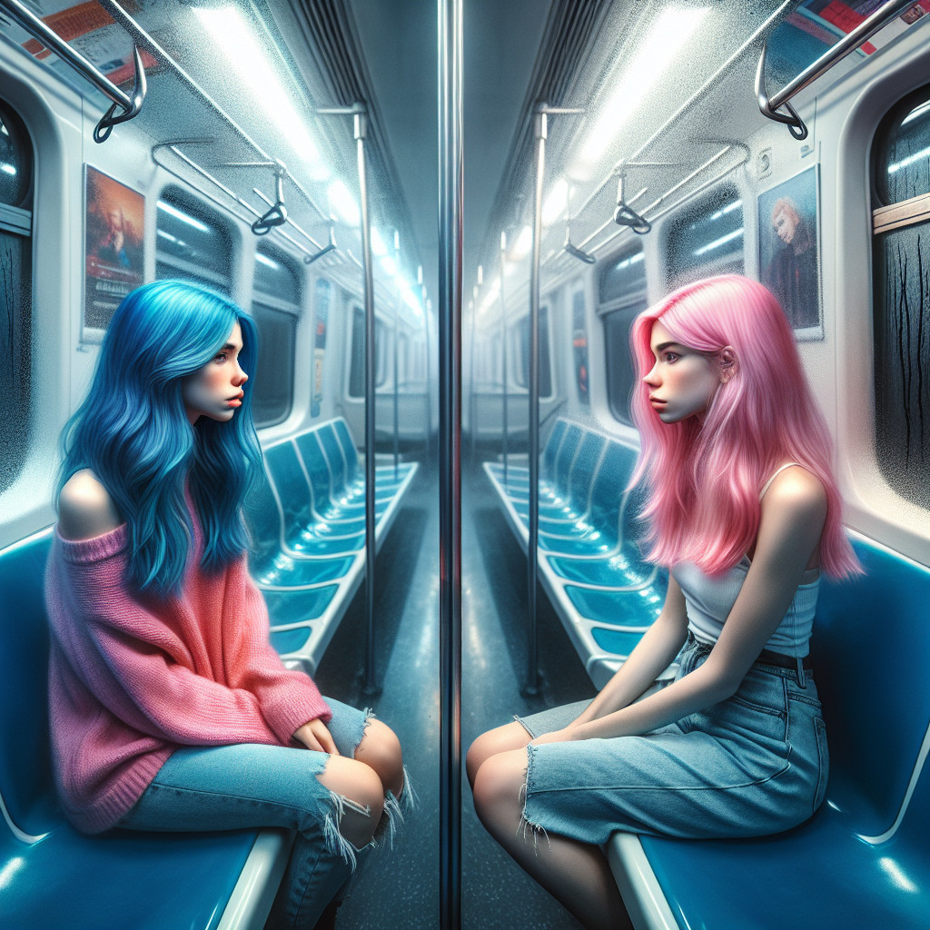 Subway Car Scene with Girls and Vibrant Hair Colors