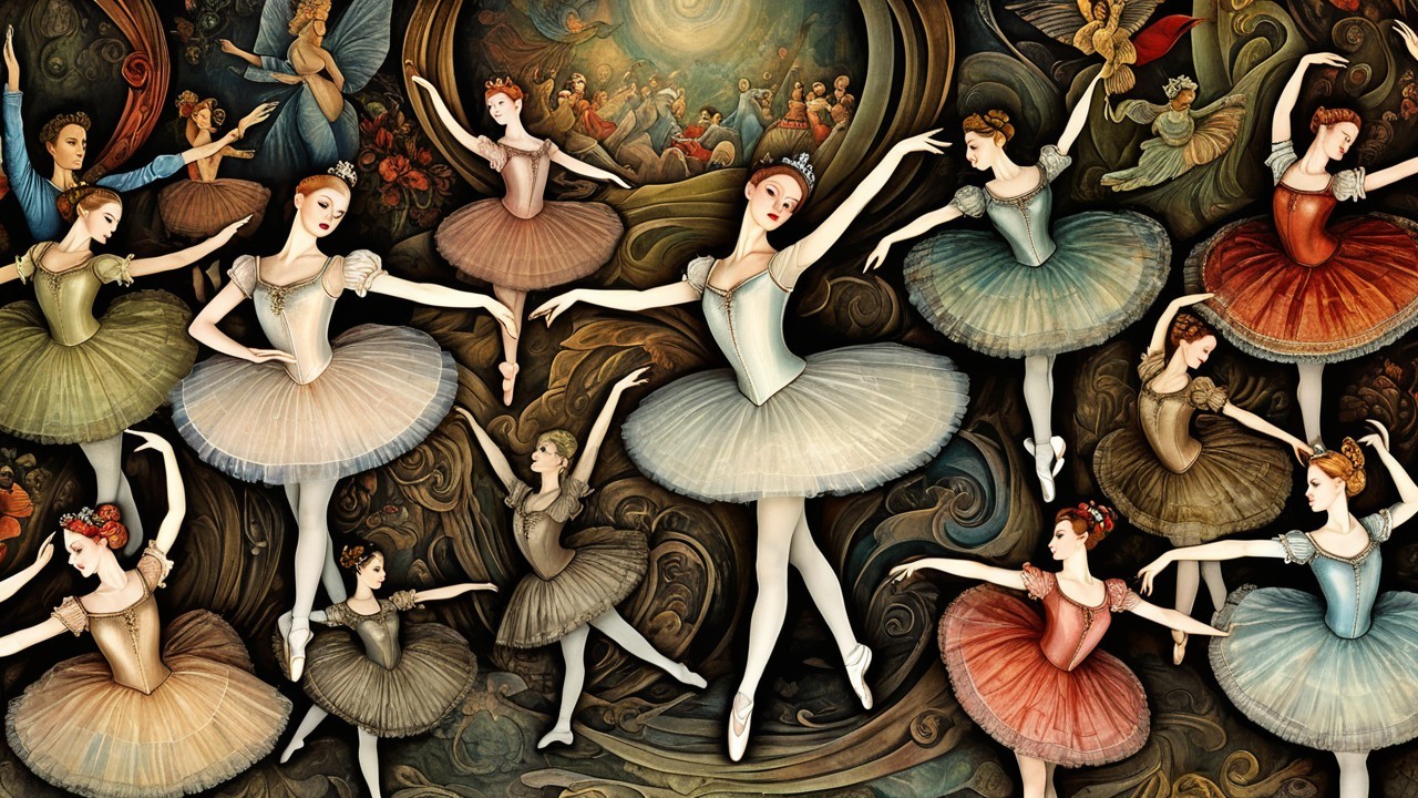 Vibrant Artwork of Ballet Dancers in Colorful Tutus