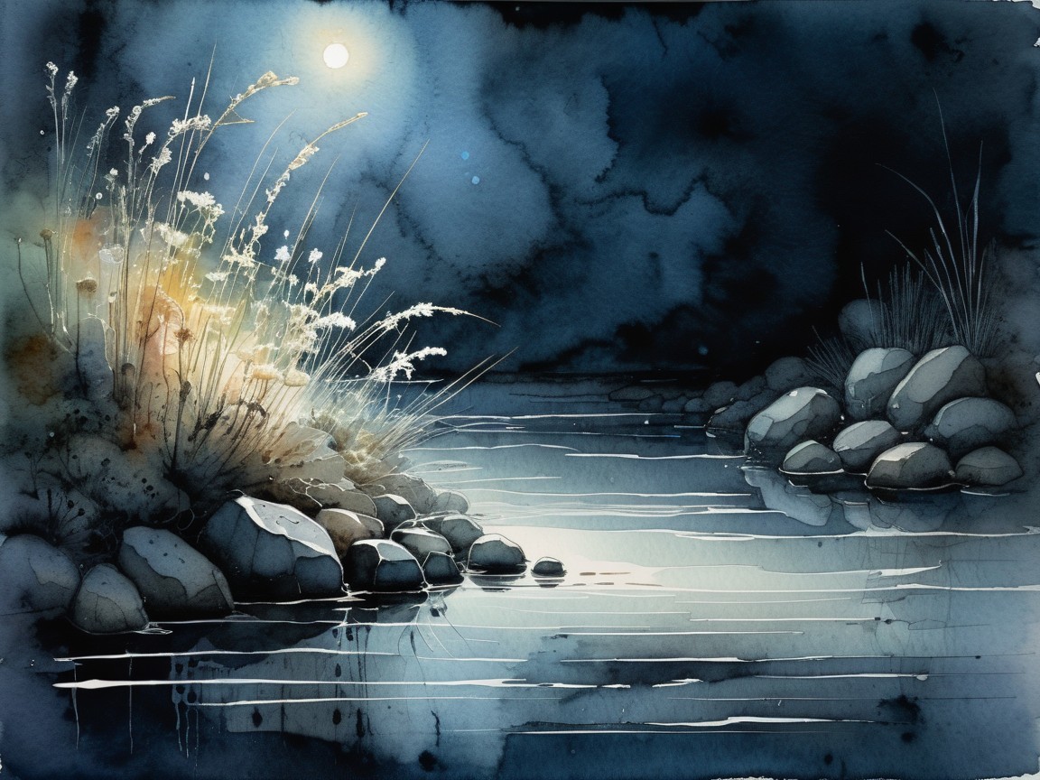 Moonlit River Scene with Tranquil Atmosphere