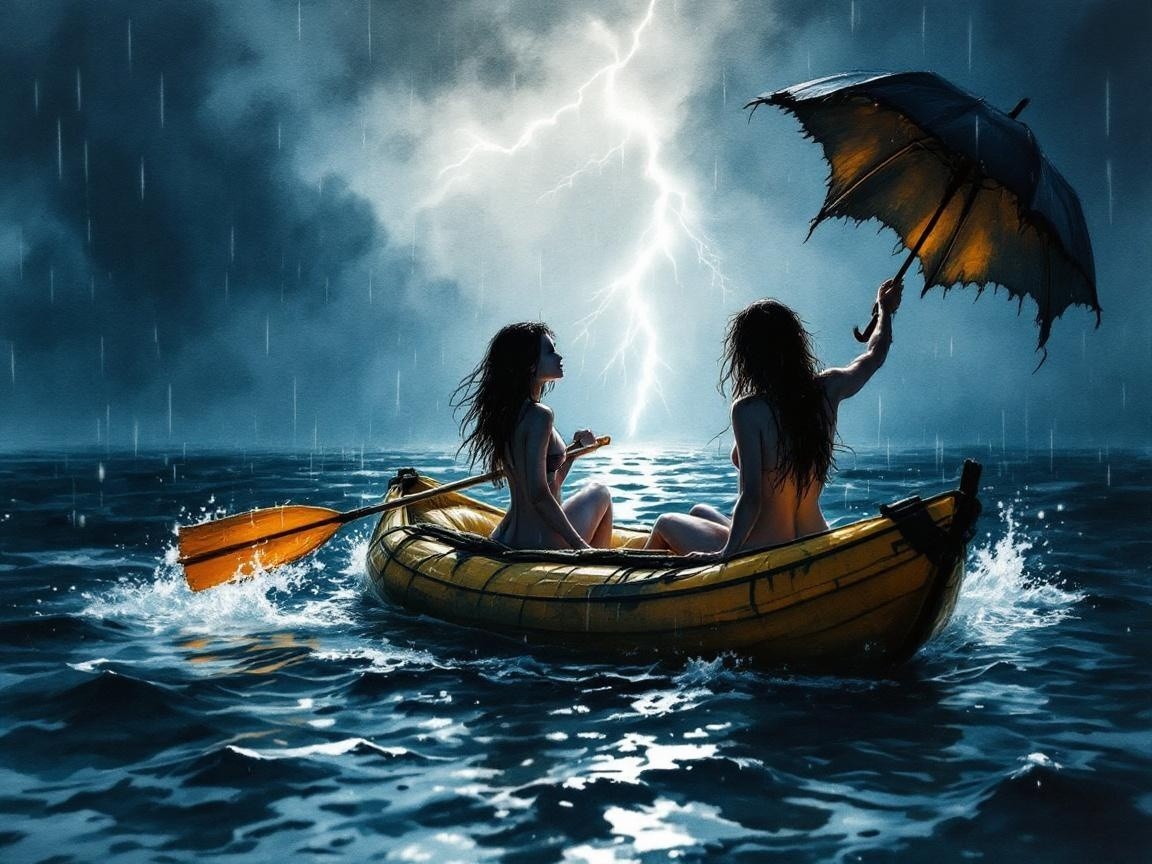 Stormy Night with Two Figures in a Yellow Boat