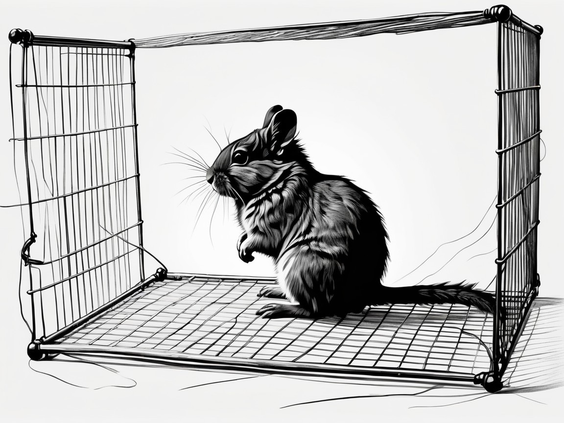 Black-and-white illustration of a small rodent in a cage