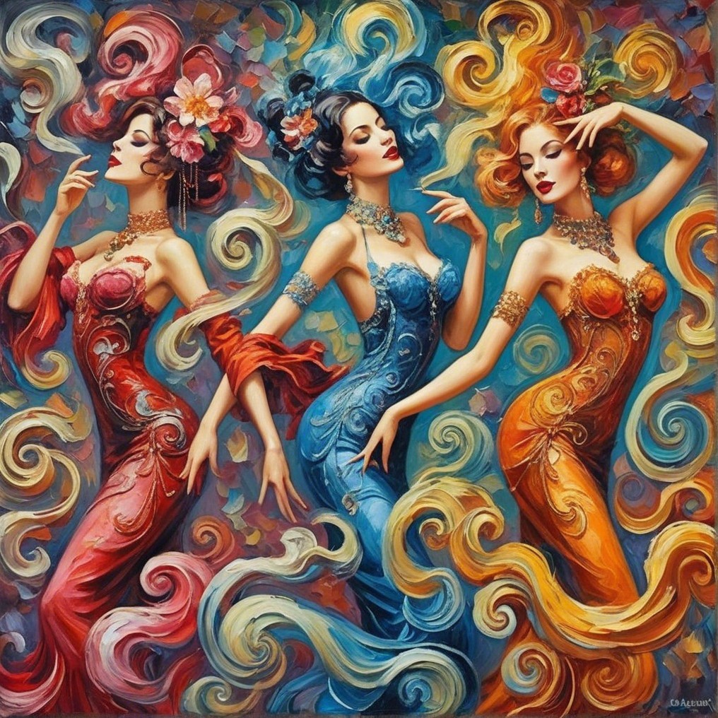 Elegant women in vibrant gowns with floral accents