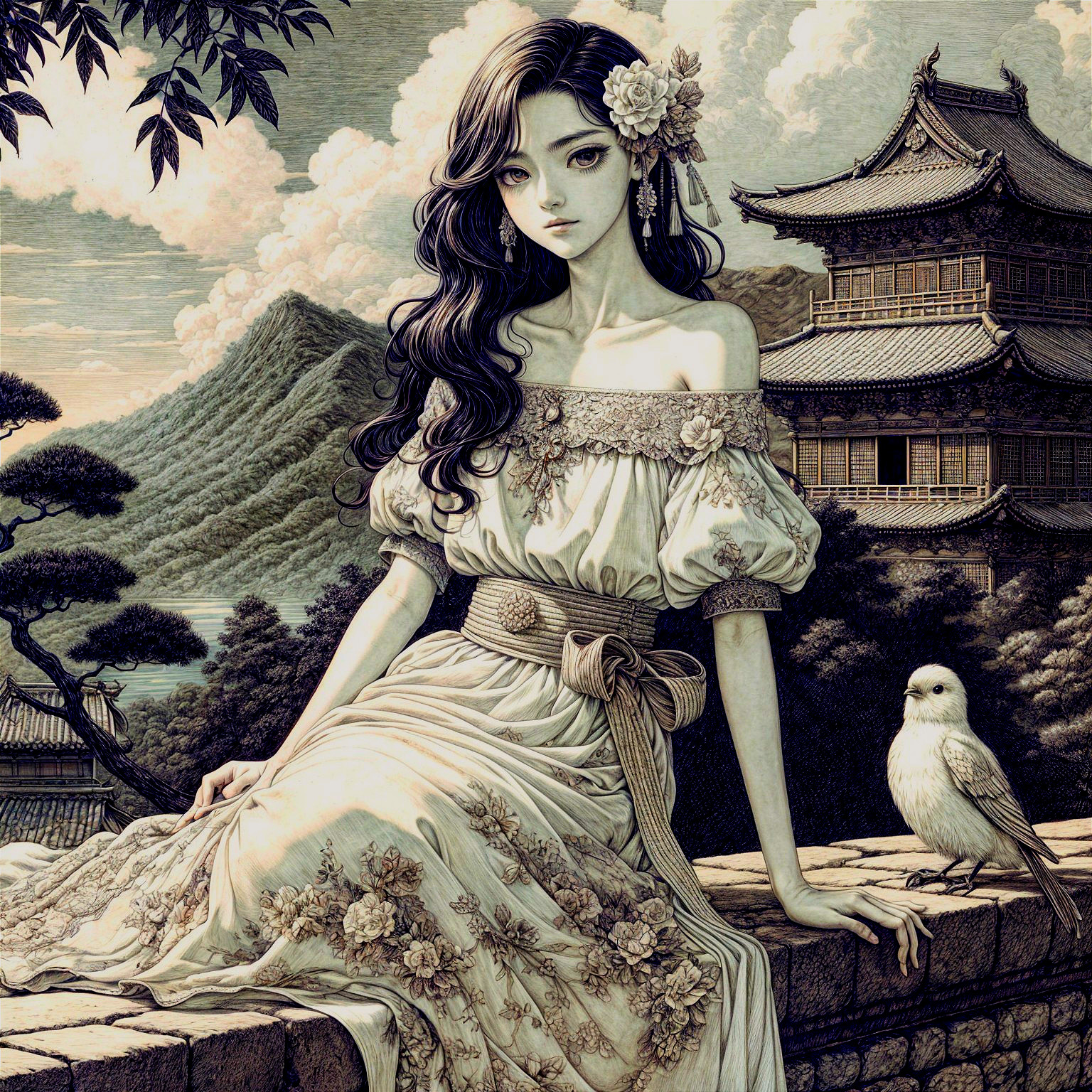 Young woman in floral dress by Asian pagoda and mountains