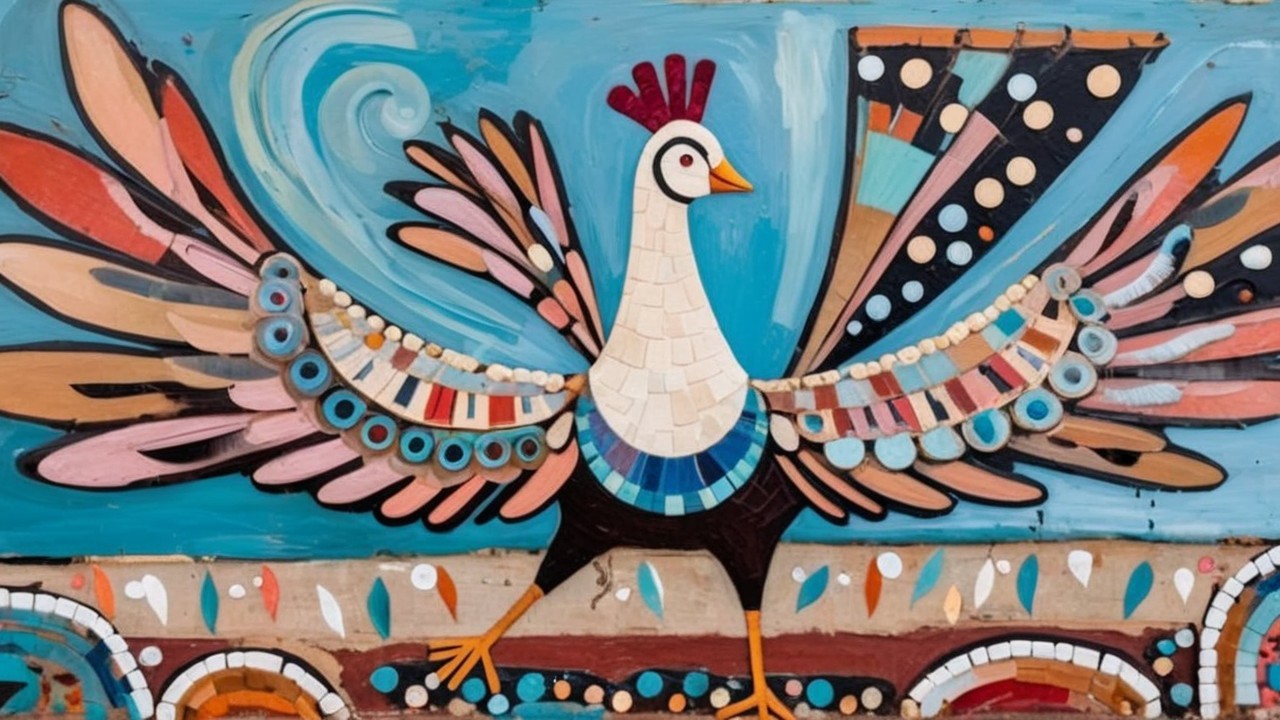 Colorful Mural of Stylized Bird with Mosaic Patterns