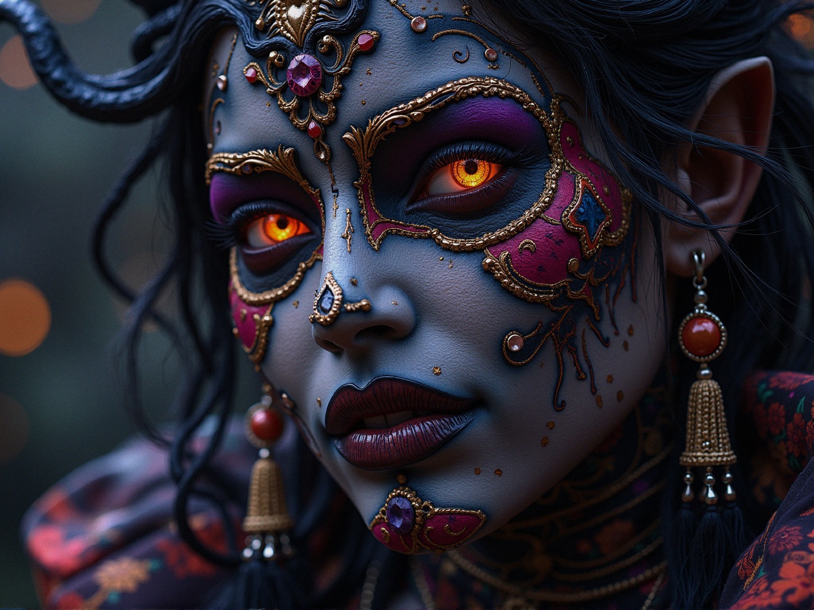 Intricate Makeup Design with Vibrant Colors and Patterns
