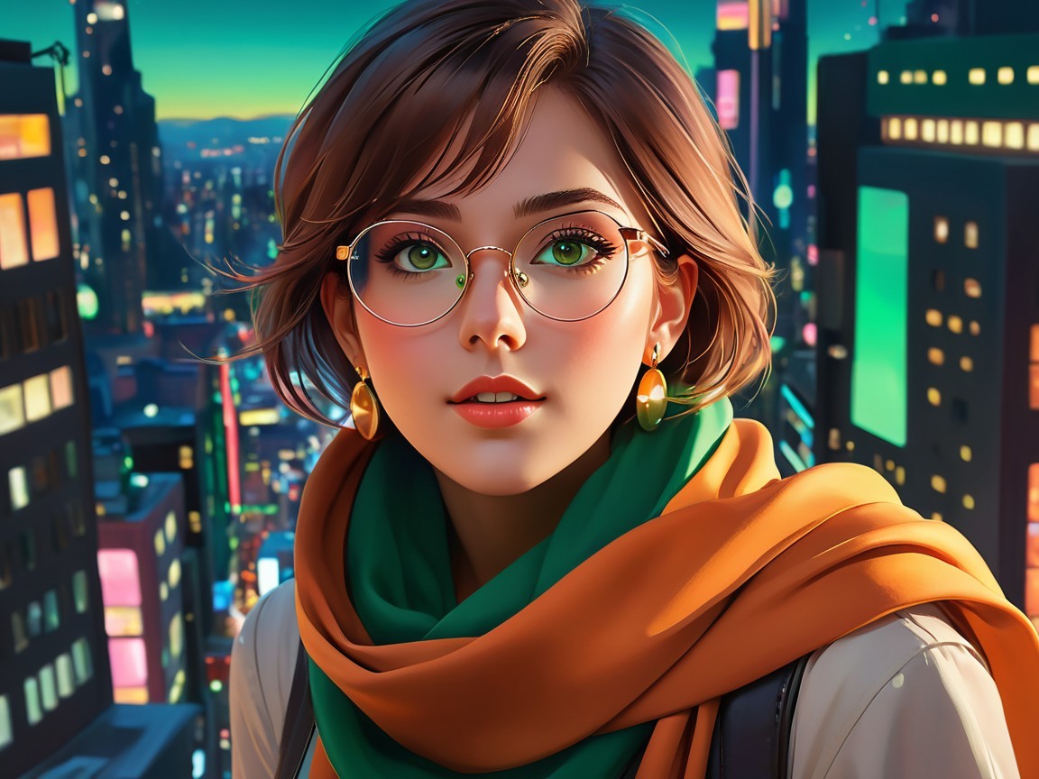Young woman in stylish outfit against vibrant cityscape