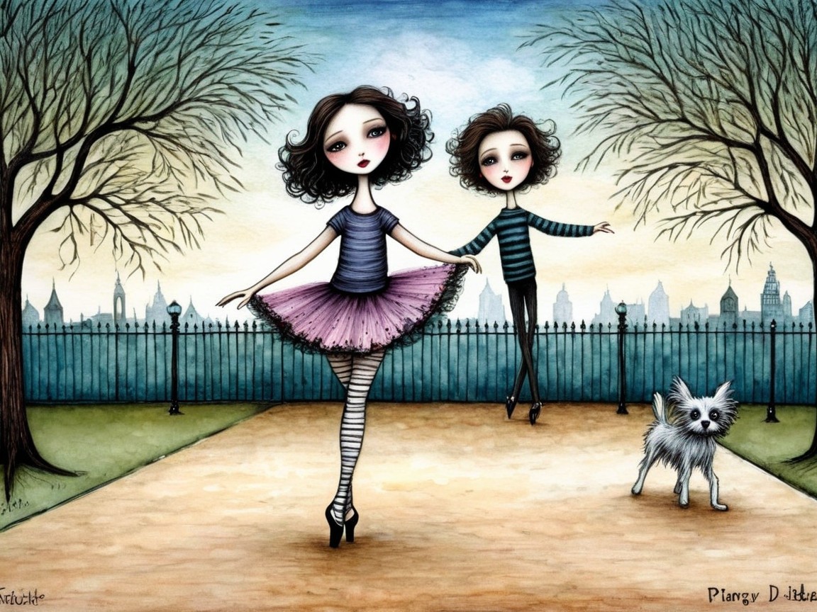 Whimsical Park Scene with Girl, Boy, and Dog